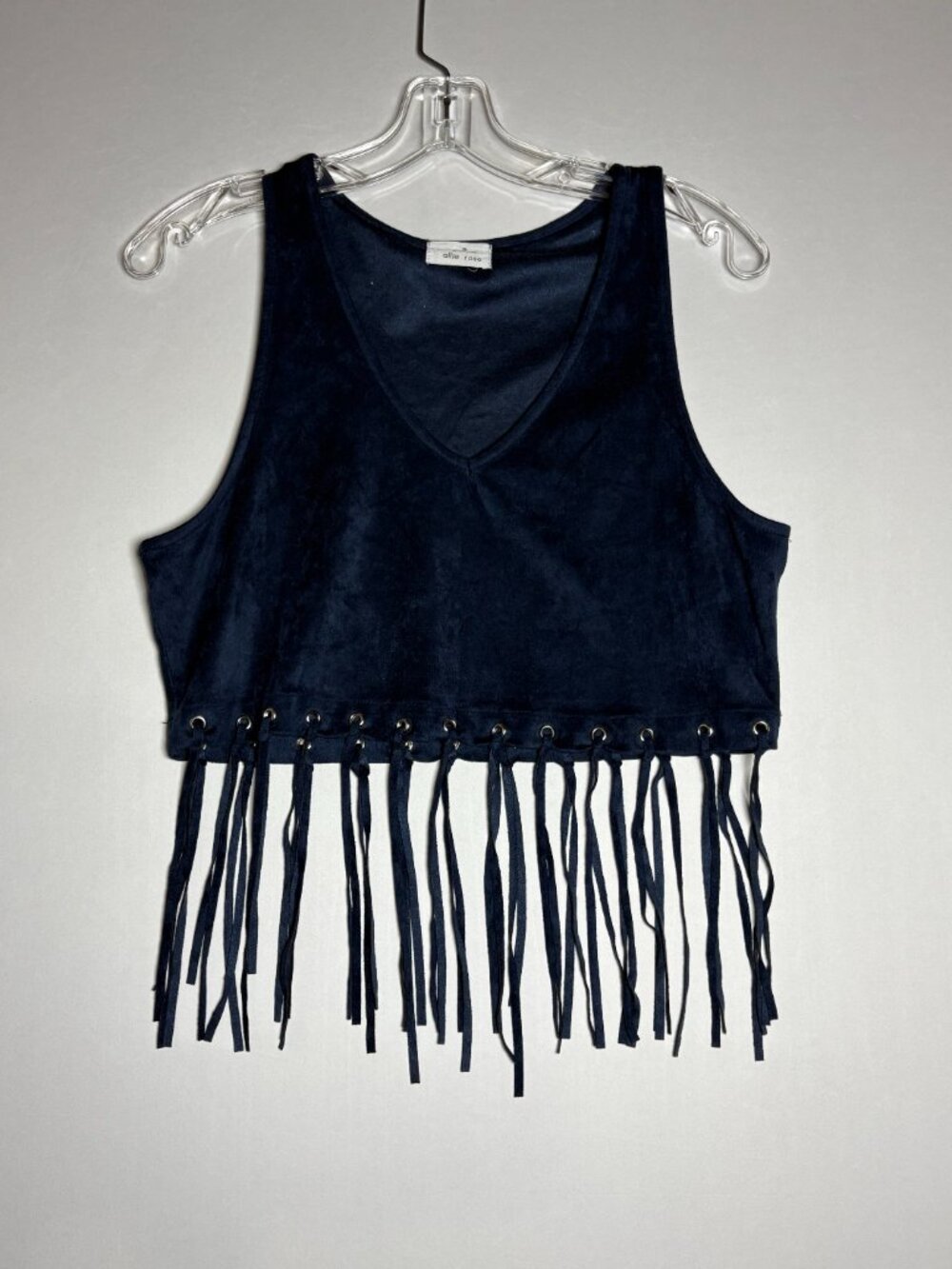 Allie Rose Faux Suede Fringe Crop Tank Top Navy Blue Size L